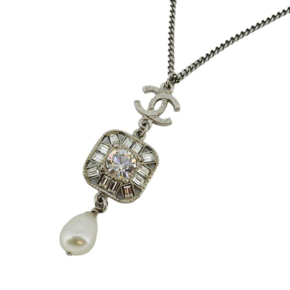 CHANEL Silver-Tone Crystal CC Pendant Necklace with Pearl Drop